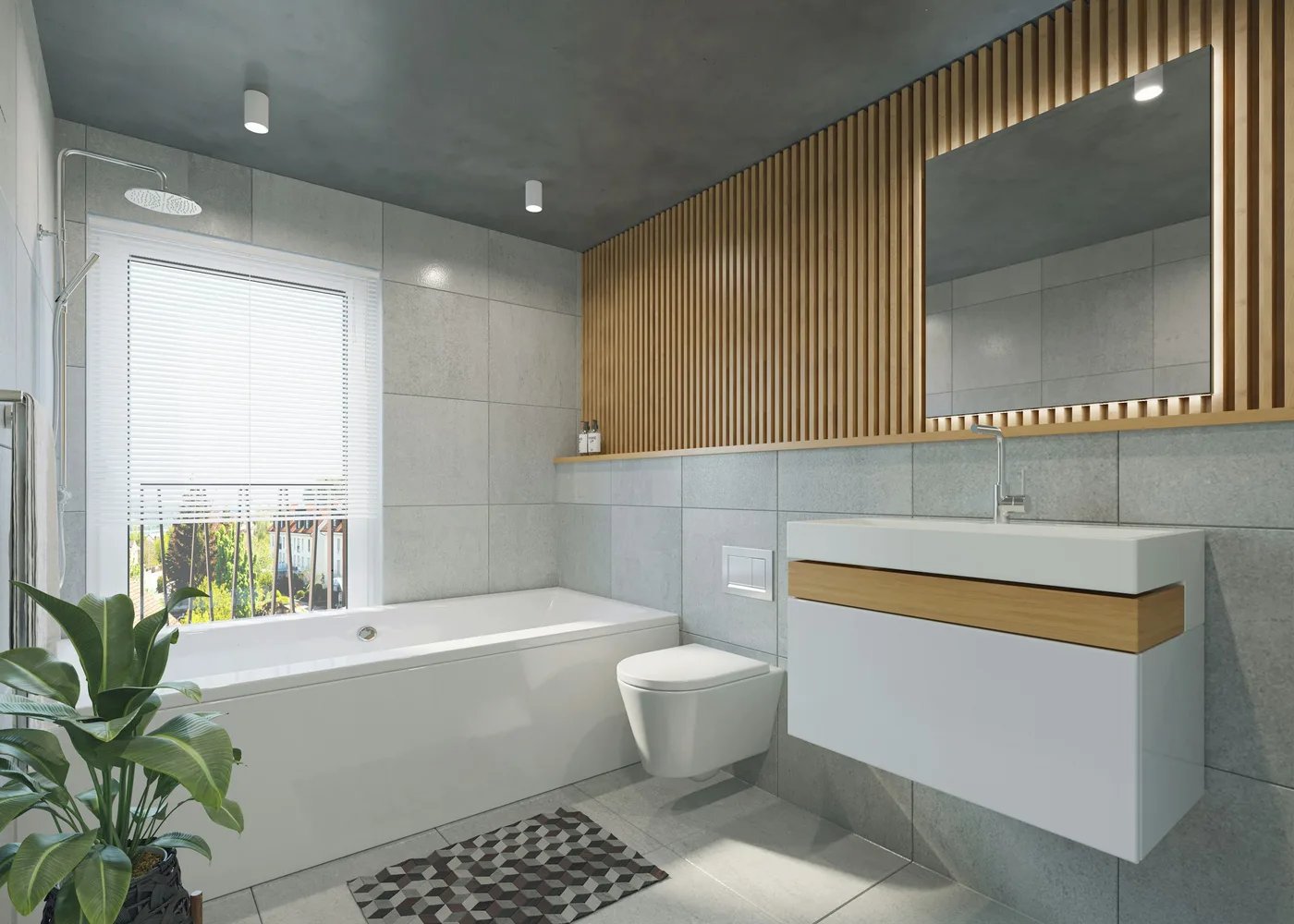 Master en-suite with walk-in shower and freestanding bath in Saltaire